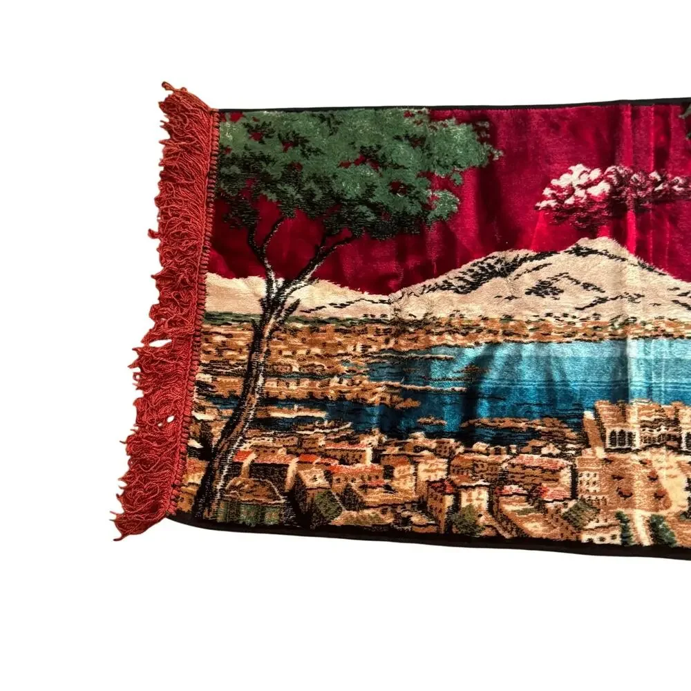 Vintage Gulf of Naples Italy Velvet Tapestry Fringed Wall Hanging Mt Vesuvius